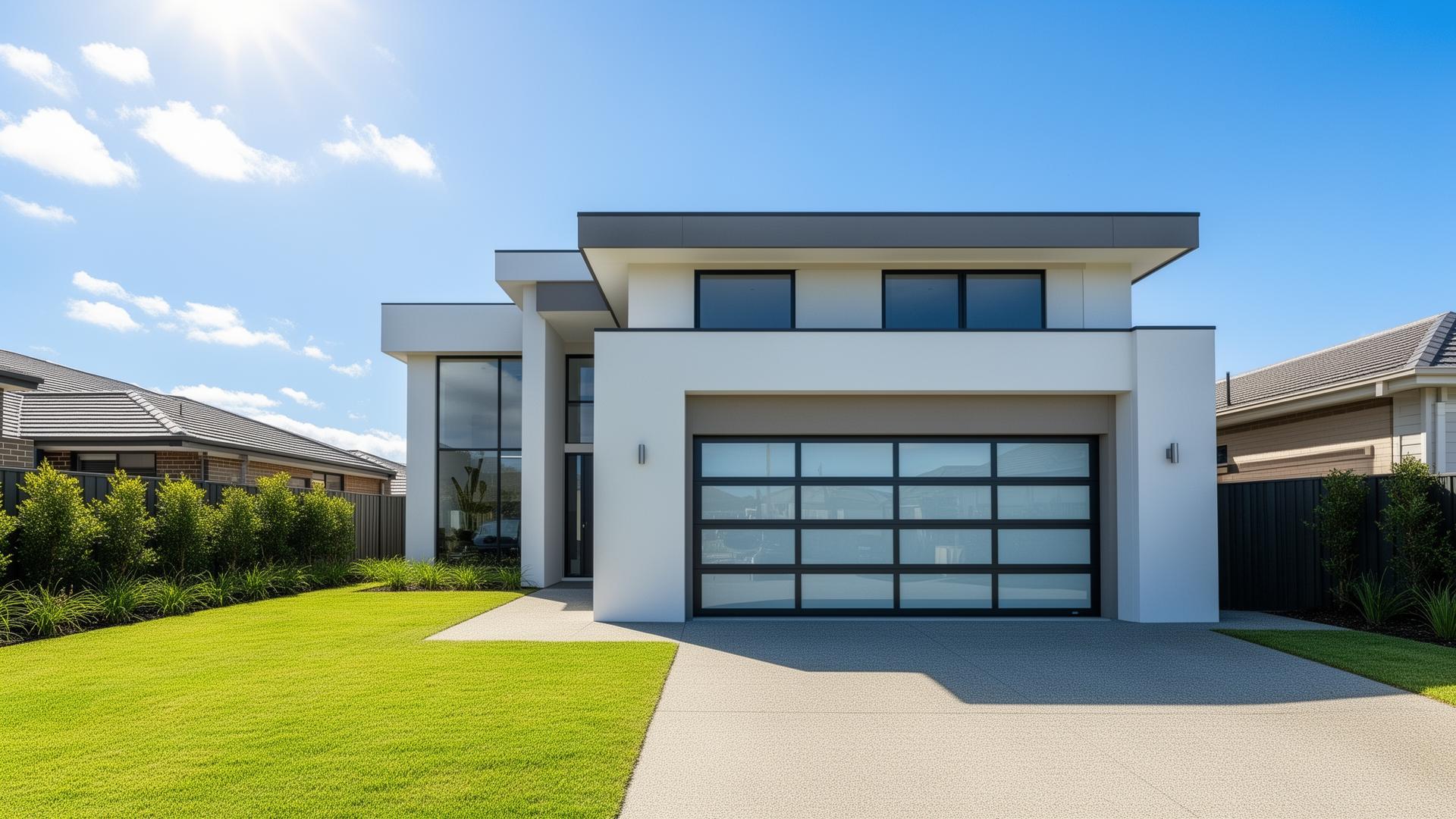 Modern contemporary home with aluminum glass panel garage door in Rochester NY